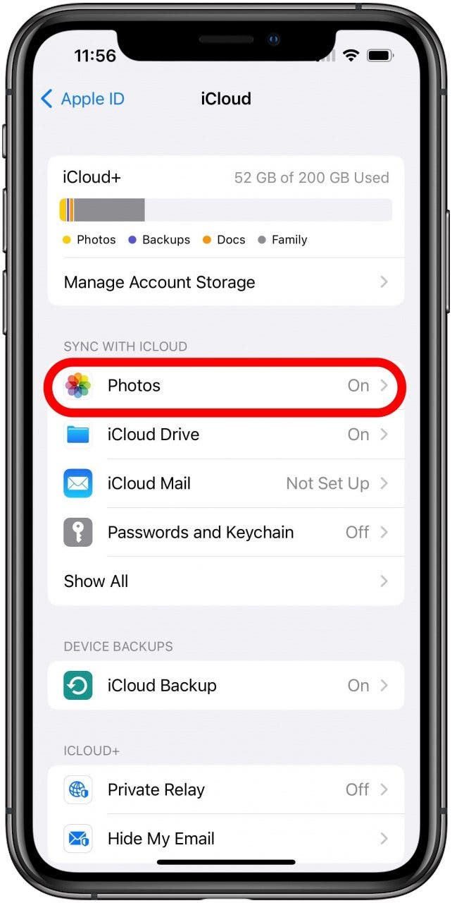 Écran Paramètres iCloud avec l'option Photos marquée.