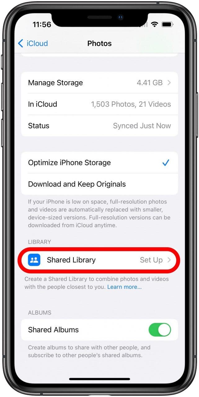 Écran Paramètres Photos iCloud avec l'option Bibliothèque partagée cochée.