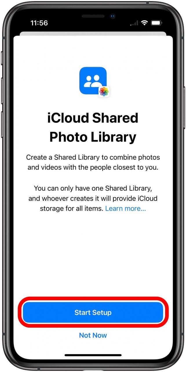 Premier écran de configuration de la bibliothèque de photos partagées iCloud avec le bouton Démarrer la configuration marqué.