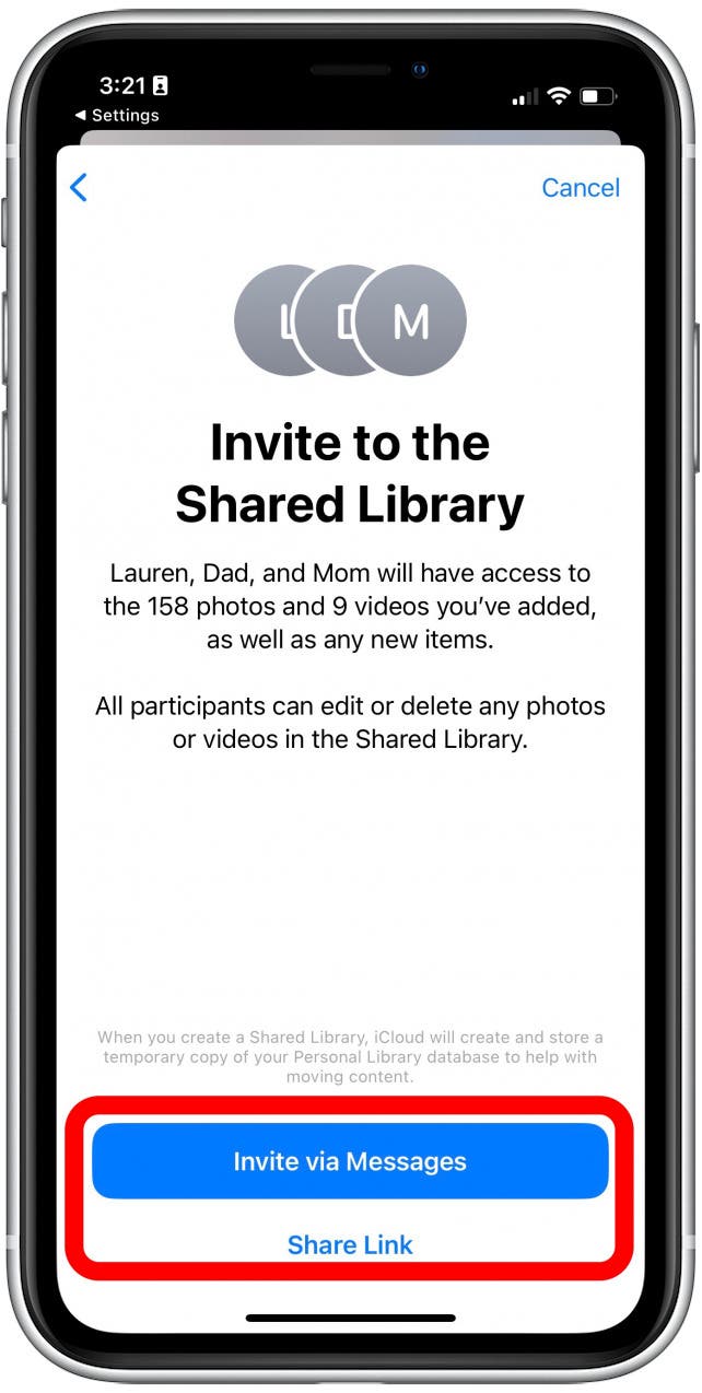 Ensuite, il est temps d'inviter d'autres personnes à la bibliothèque partagée via un message texte ou un lien.
