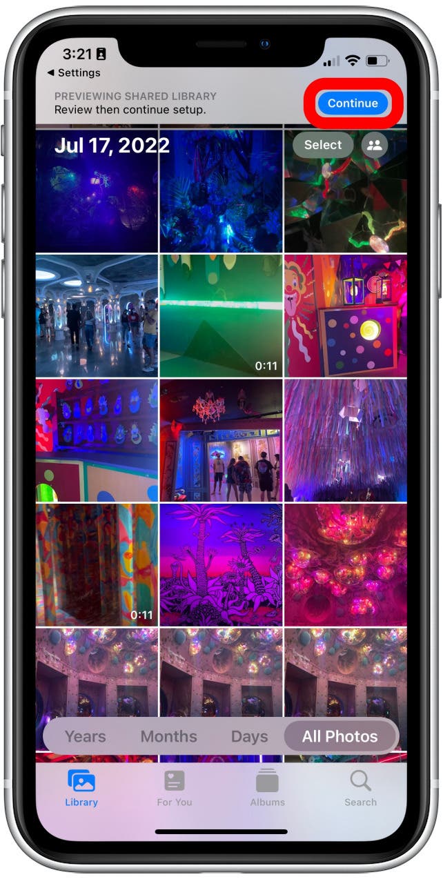 Une fois que vous avez vérifié les photos que vous souhaitez partager, appuyez sur Continuer dans le coin supérieur droit.