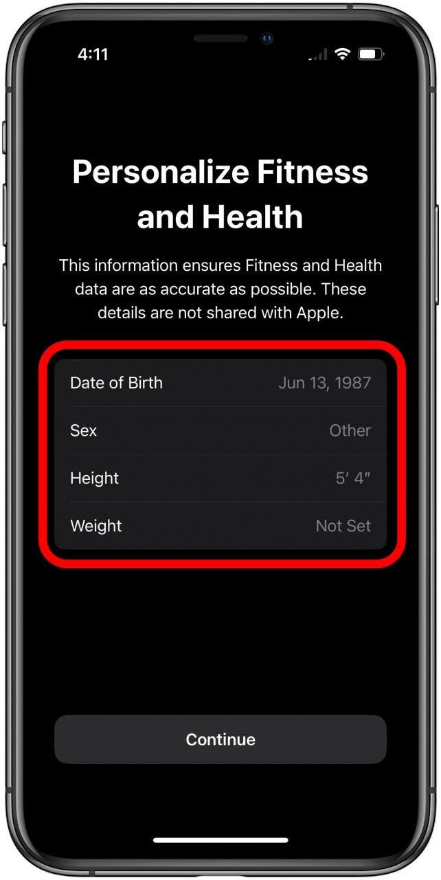 Écran de configuration de l'application Fitness pour personnaliser les informations de santé avec les cases détaillées marquées.