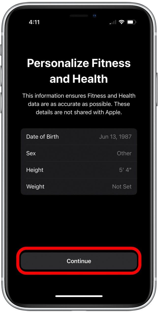 Écran de configuration de la condition physique pour personnaliser les informations de santé avec le bouton Continuer marqué.