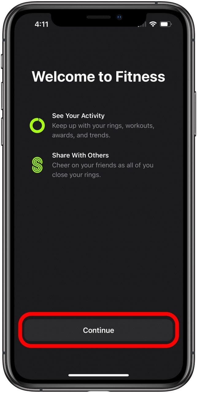 Écran d'accueil de l'application Fitness avec le bouton Continuer marqué.