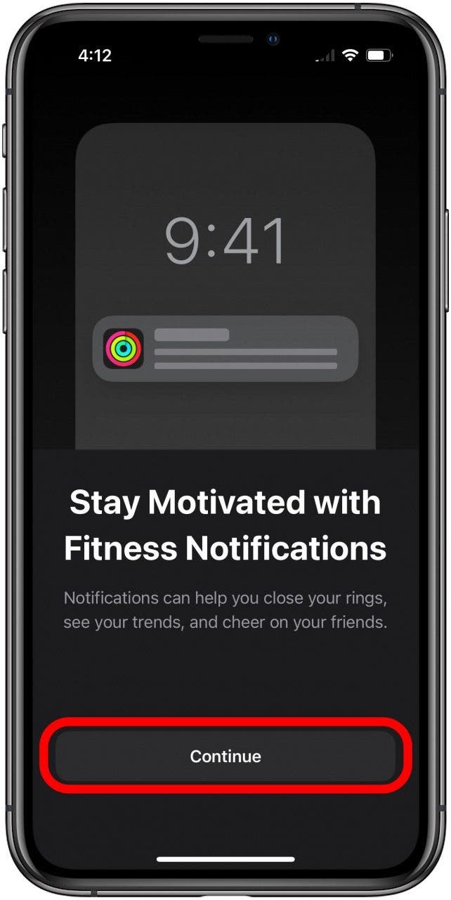 Écran de configuration de la condition physique avec des informations sur les notifications et le bouton Continuer marqué.