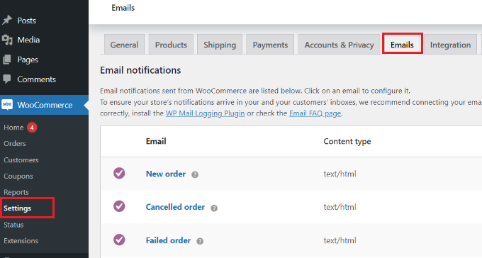Accédez aux paramètres de messagerie dans WooCommerce Accédez aux paramètres de messagerie dans WooCommerce