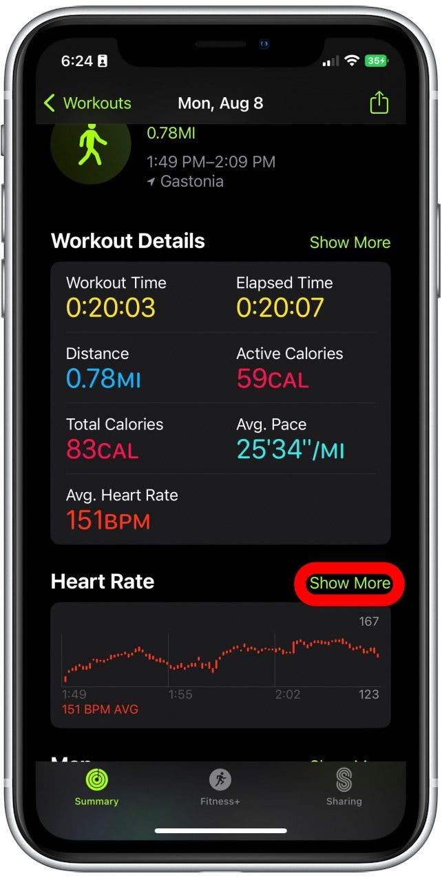 Faites défiler jusqu'à Fréquence cardiaque et appuyez sur Afficher plus.