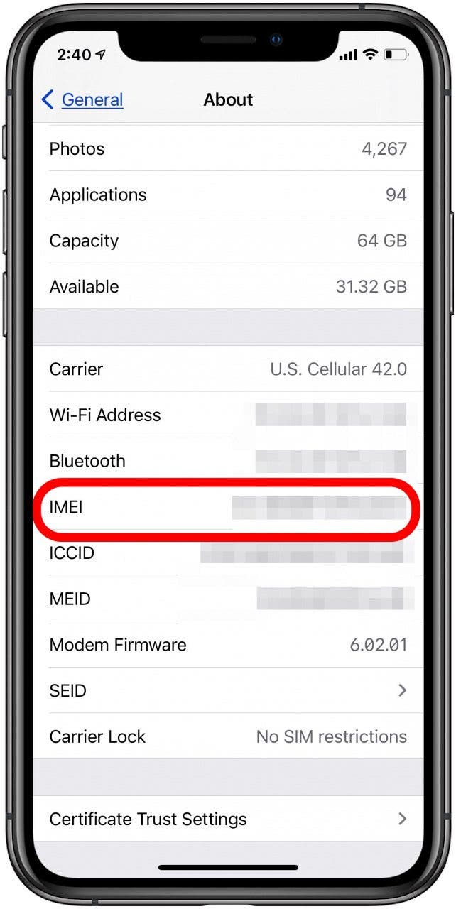 numéro imei de l'iphone dans la section à propos des paramètres généraux de l'iphone