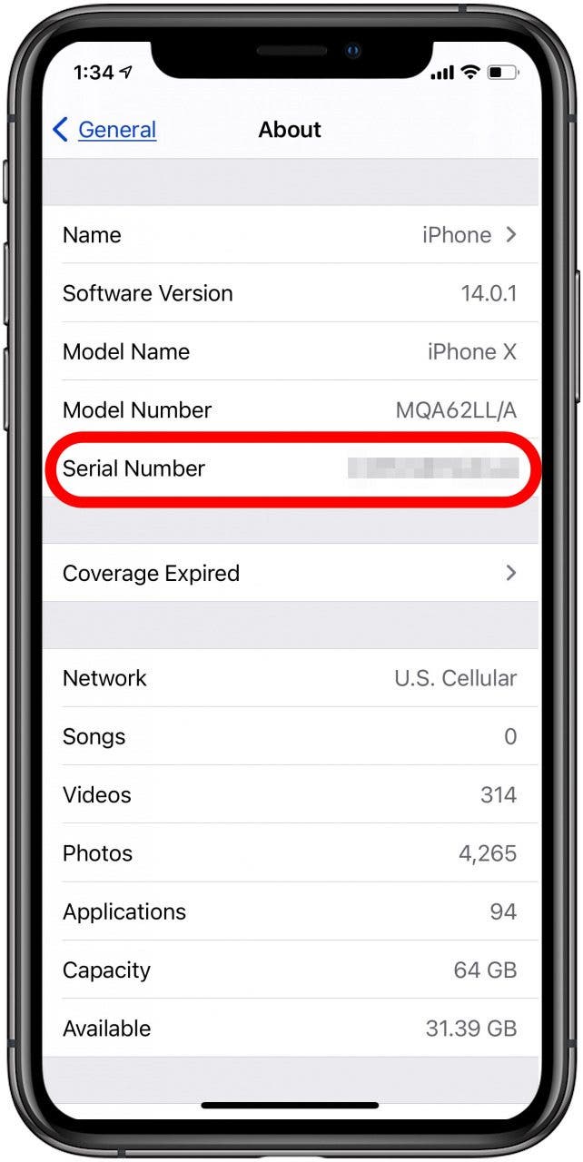 numéro de série de l'iphone dans les paramètres de l'iphone