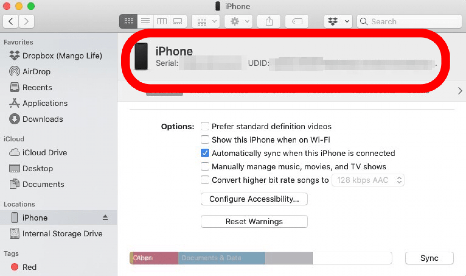 cliquez sur le nom de l'iphone pour révéler le numéro de série