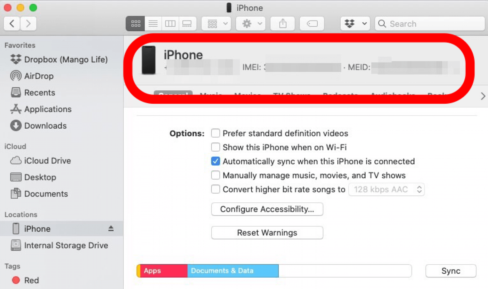trouvez votre iphone imei dans le finder sous le nom de l'iphone