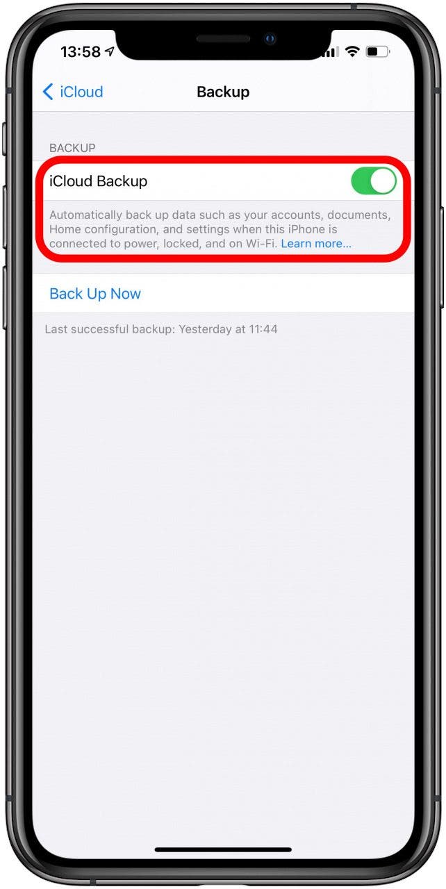 Basculer pour activer la sauvegarde iCloud