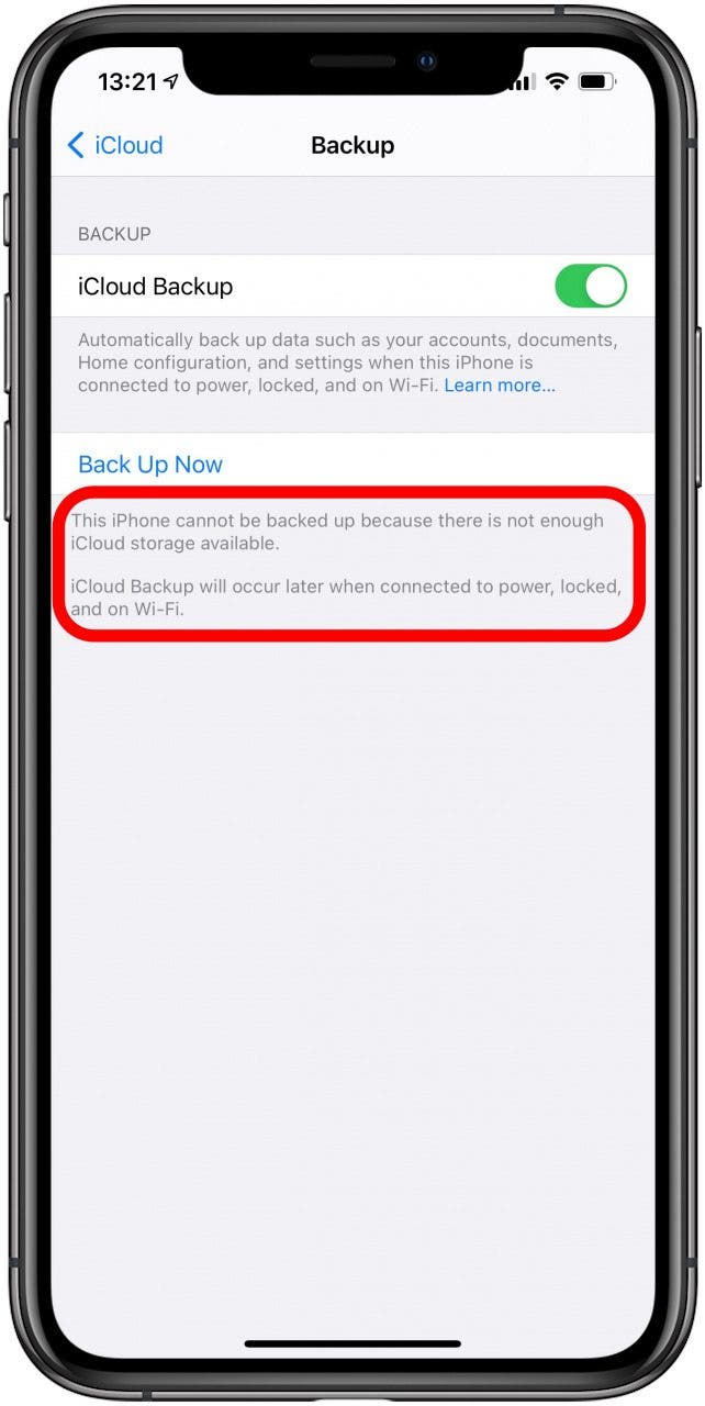 Si vous n'avez pas assez de stockage iCloud, vous recevrez un message.