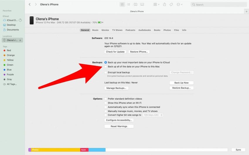 Cliquez sur le cercle indiquant Sauvegarder toutes les données de votre iPhone sur ce Mac
