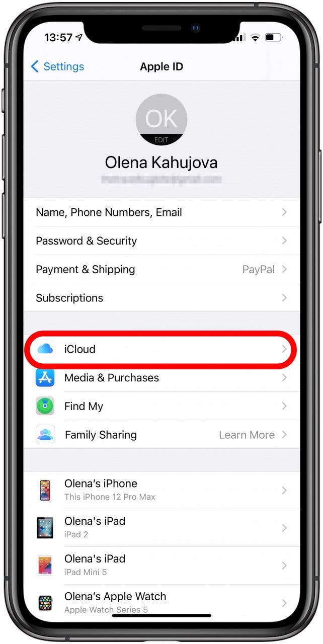 Appuyez sur iCloud pour ouvrir les paramètres et sauvegarder l'iPhone