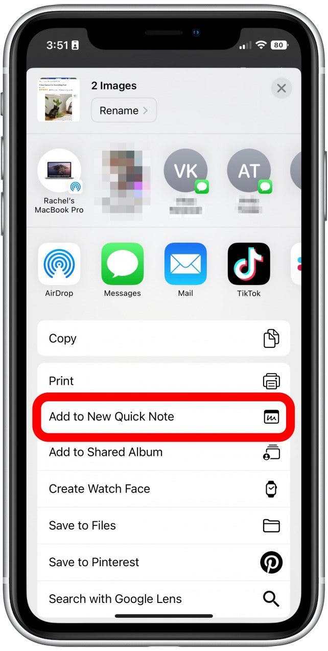 Faites défiler vers le bas et appuyez sur Ajouter à une nouvelle note rapide.