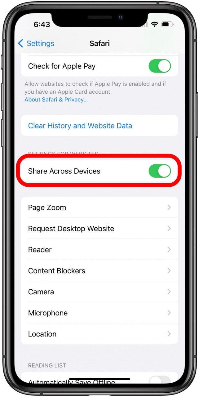 Paramètres Safari avec partage sur plusieurs appareils coché.