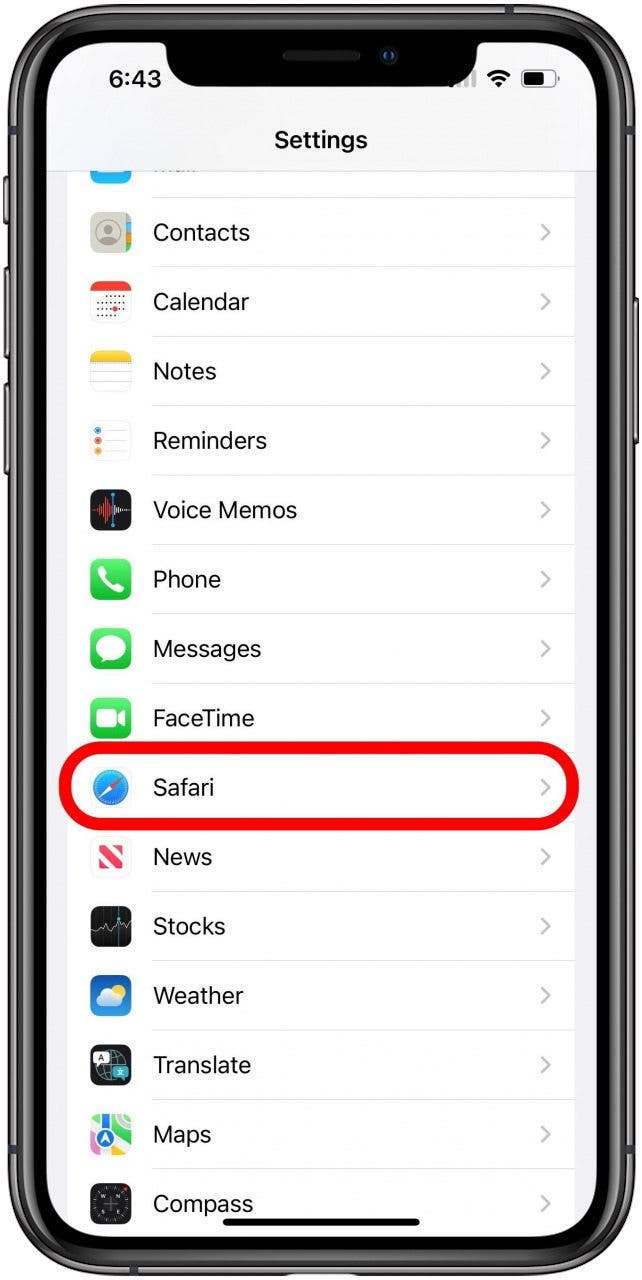 Écran des paramètres avec l'option Safari marquée.