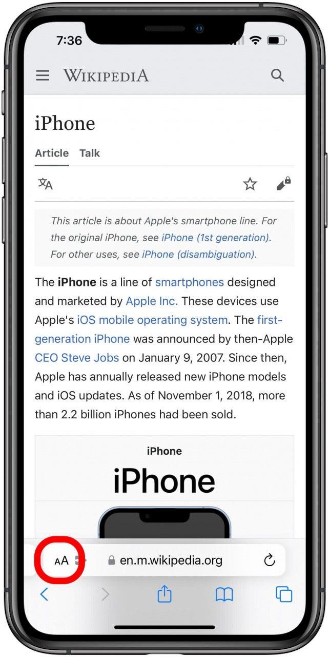 Safari dans iOS avec l'icône AA marquée.