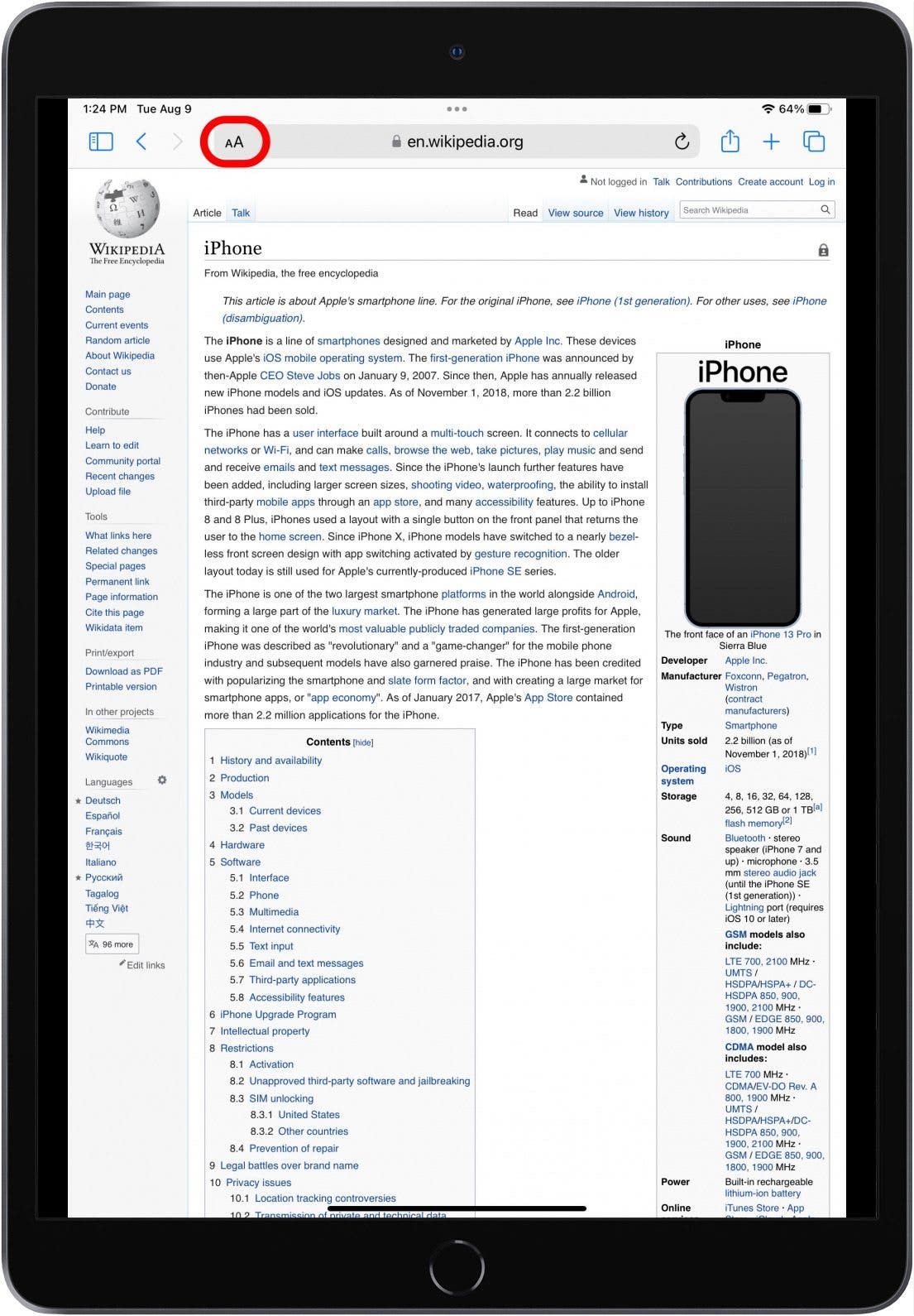 Safari dans iPadOS avec l'icône AA marquée.