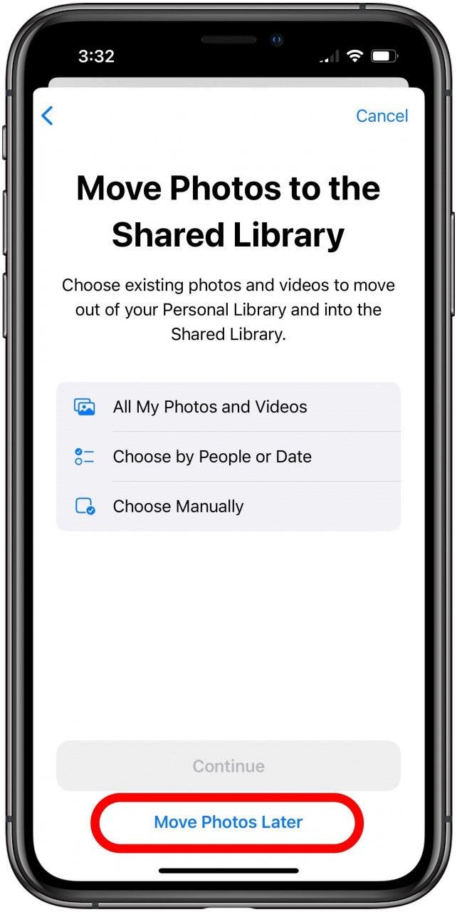 Configuration de la bibliothèque de photos partagée sur l'écran Déplacer les photos vers la bibliothèque partagée avec le bouton Déplacer les photos ultérieurement marqué.