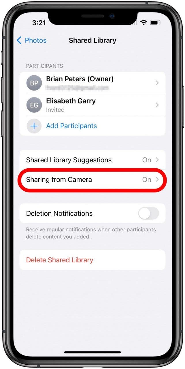 Paramètres de photos de la bibliothèque partagée avec l'option Partage depuis l'appareil photo cochée.