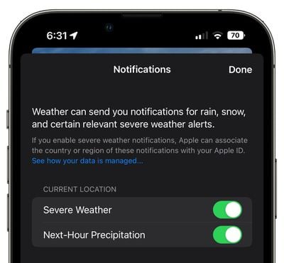 application météo ios 16 temps violent