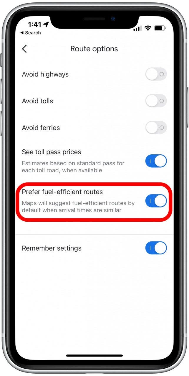 Appuyez sur la bascule pour Préférer les itinéraires économes en carburant.