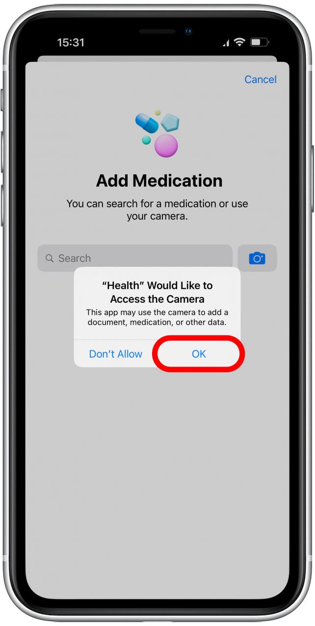 La première fois que vous faites cela, vous devrez autoriser l'accès à votre caméra.  Appuyez sur OK.