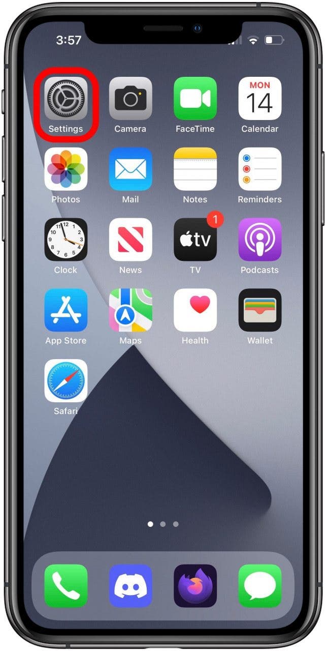 Écran d'accueil avec l'icône de l'application Paramètres marquée.