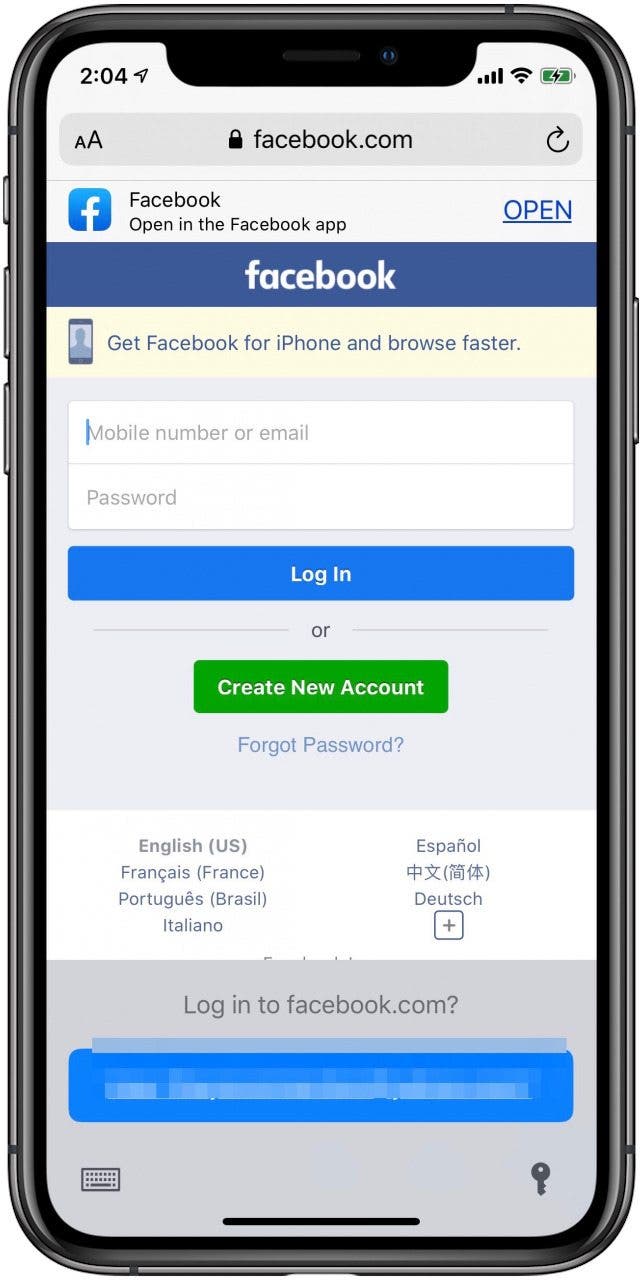 connexion facebook depuis safari