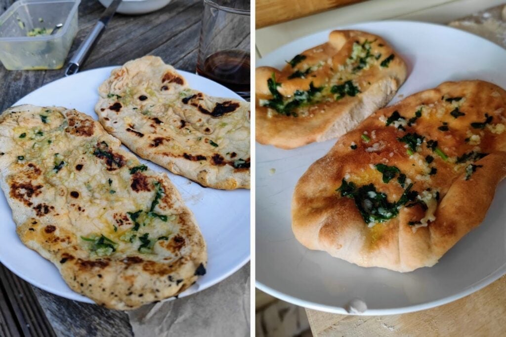 pain naan à l'ail cuit dans la friteuse Cosori Air (à gauche) et deux cuits dans une poêle (à droite)