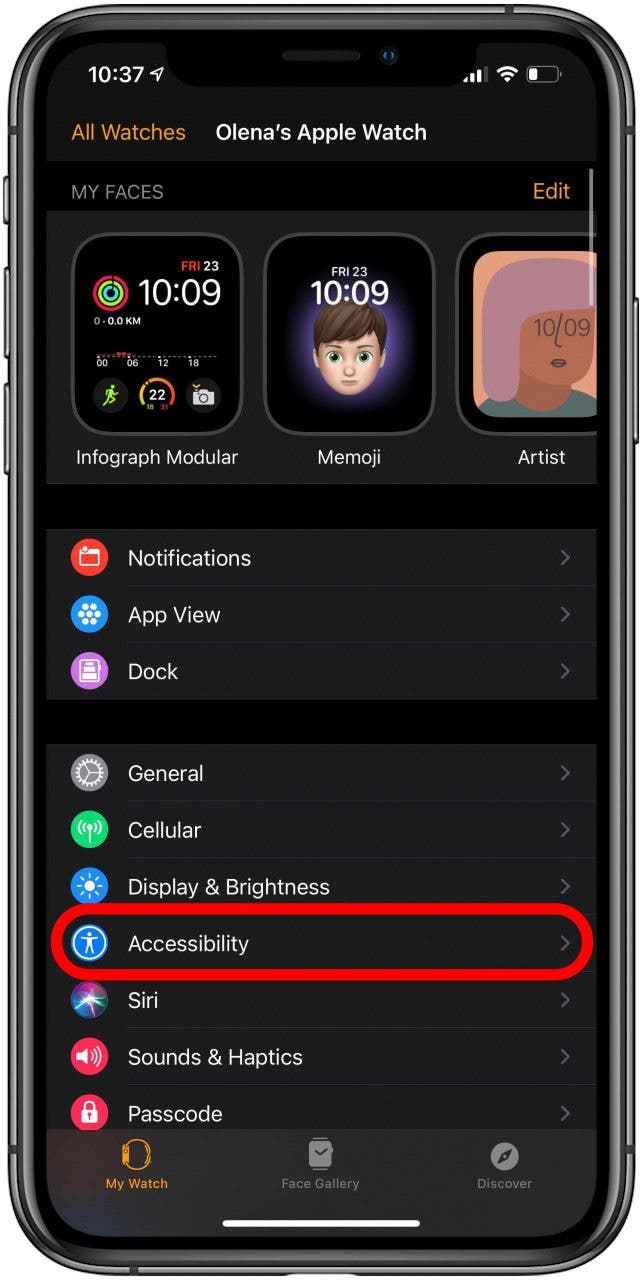 Appuyez sur Accessibilité dans l'application Watch.