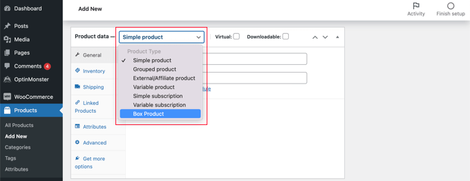 Sélectionnez 'Box Product' dans la liste déroulante Product Data Sélectionnez 'Box Product' dans la liste déroulante Product Data