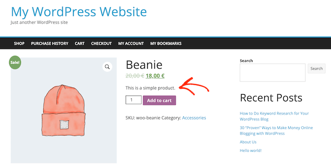 Une courte description de production créée à l'aide de WooCommerce Une courte description de production créée à l'aide de WooCommerce