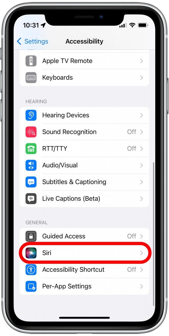 Faites défiler vers le bas et appuyez sur Siri.
