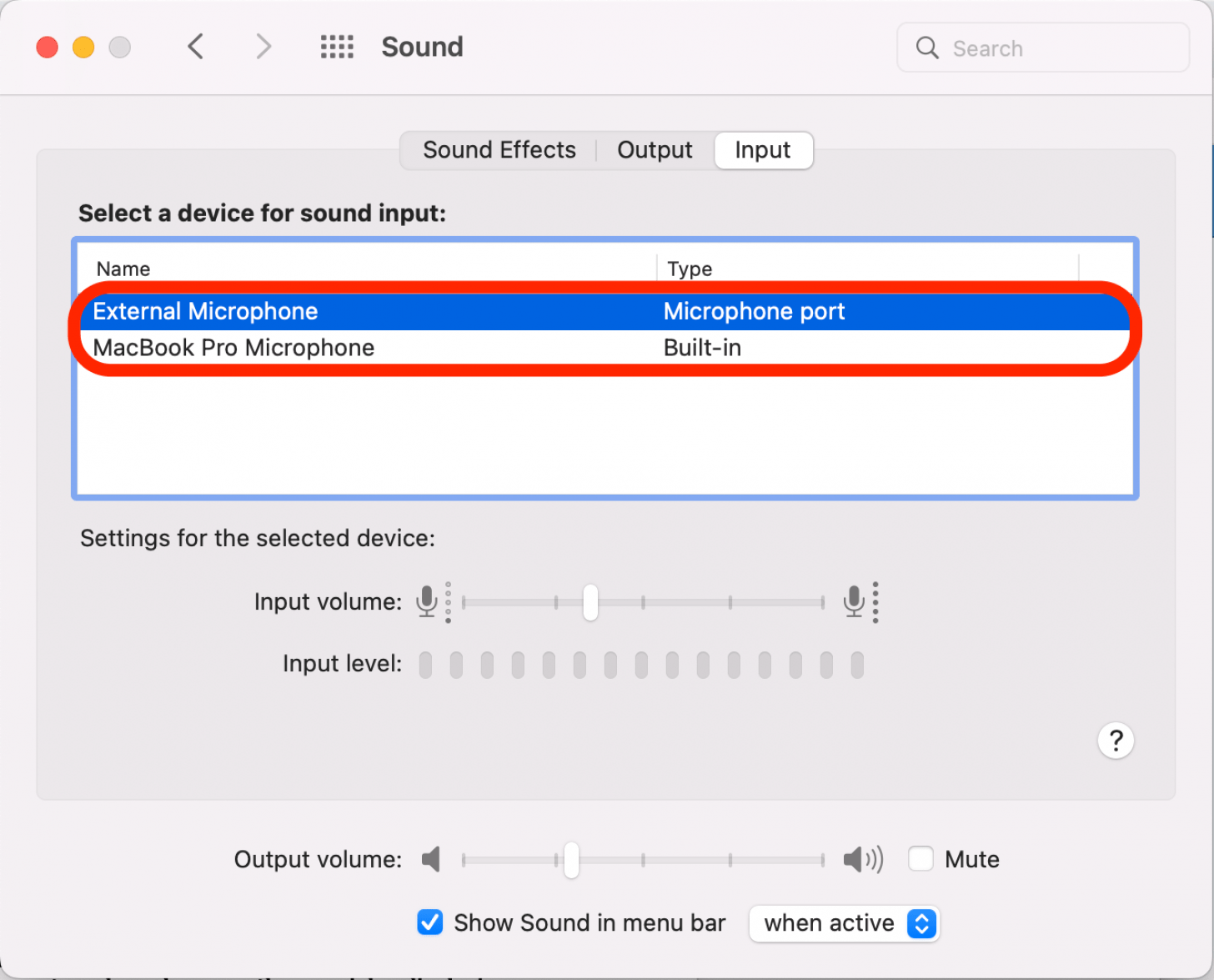 Cliquez pour sélectionner un périphérique pour l'entrée audio. Les options listeront tous les appareils actuellement disponibles.
