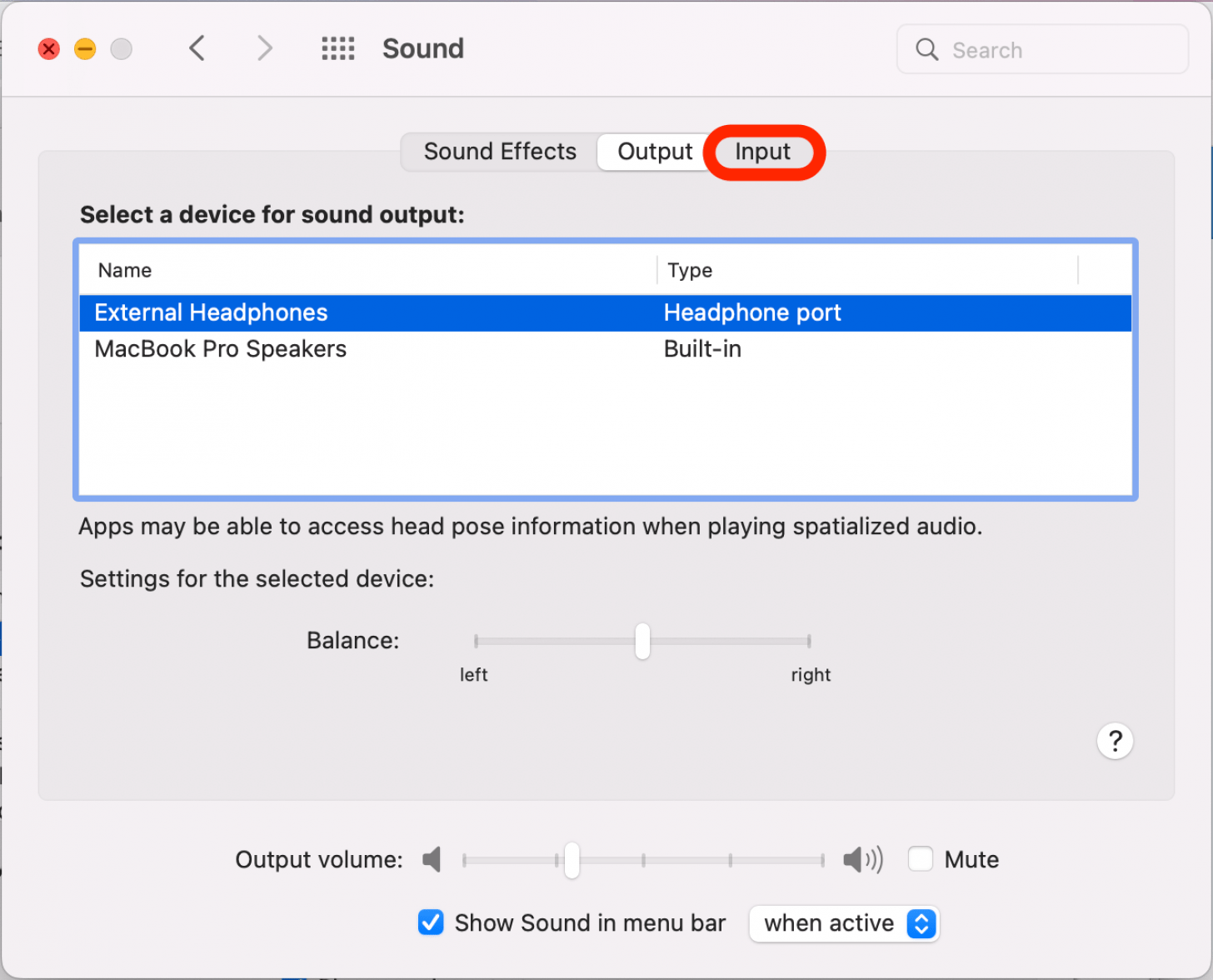 Pour modifier l'entrée audio, cliquez sur Entrée.