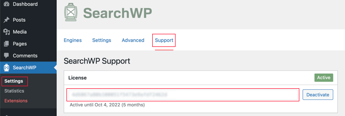 Collez votre clé de licence SearchWP Collez votre clé de licence SearchWP
