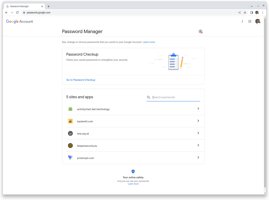 Interface Web du gestionnaire de mots de passe Google