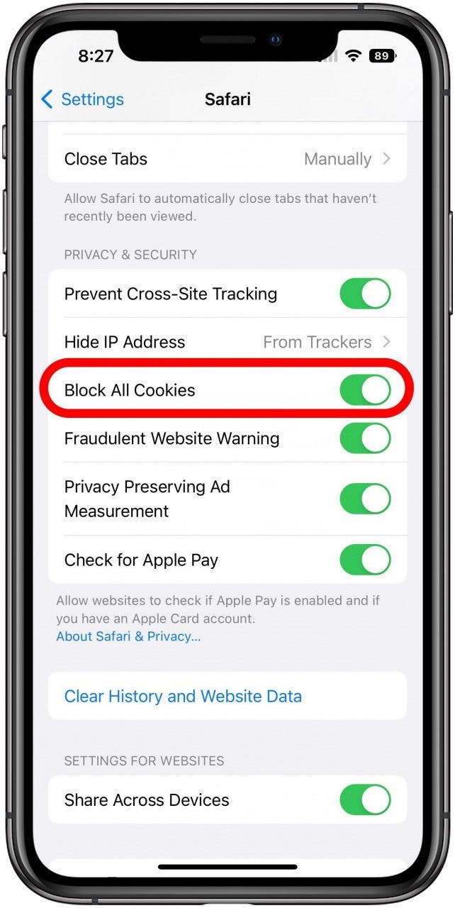 Écran Paramètres de Safari avec l'option Bloquer tous les cookies cochée.