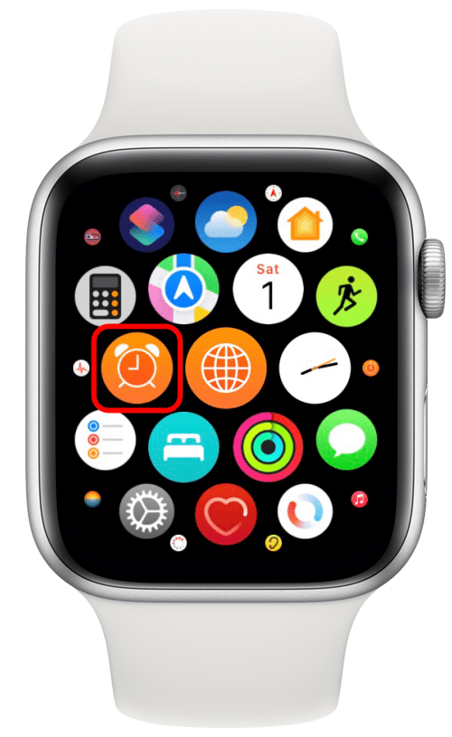 Appuyez sur le bouton Accueil situé sur la couronne pour voir toutes vos applications, puis appuyez sur Alarmes.