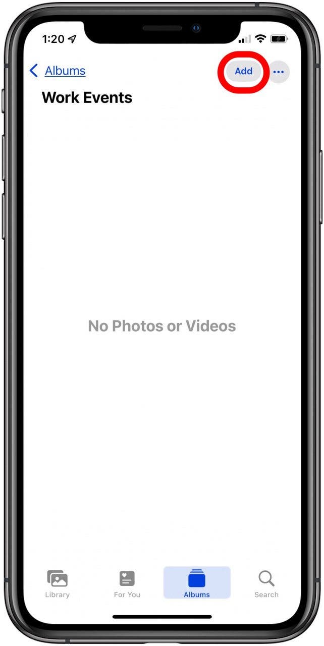 appuyez sur ajouter pour ajouter des photos à l'album