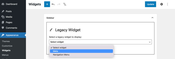Sélectionnez le widget souhaité dans le menu déroulant