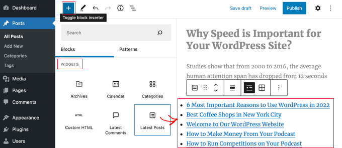 Faites défiler jusqu'à la section Widgets