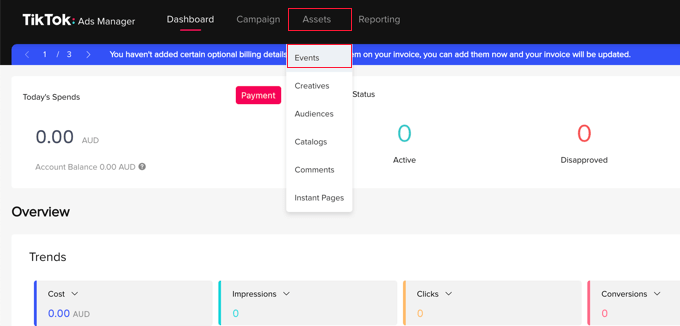 Accédez à Actifs »Événements dans le gestionnaire de publicités TikTok