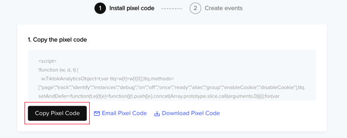 Cliquez sur le bouton Copier le code pixel