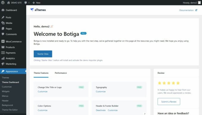 Importer des sites de démarrage Botiga Pro