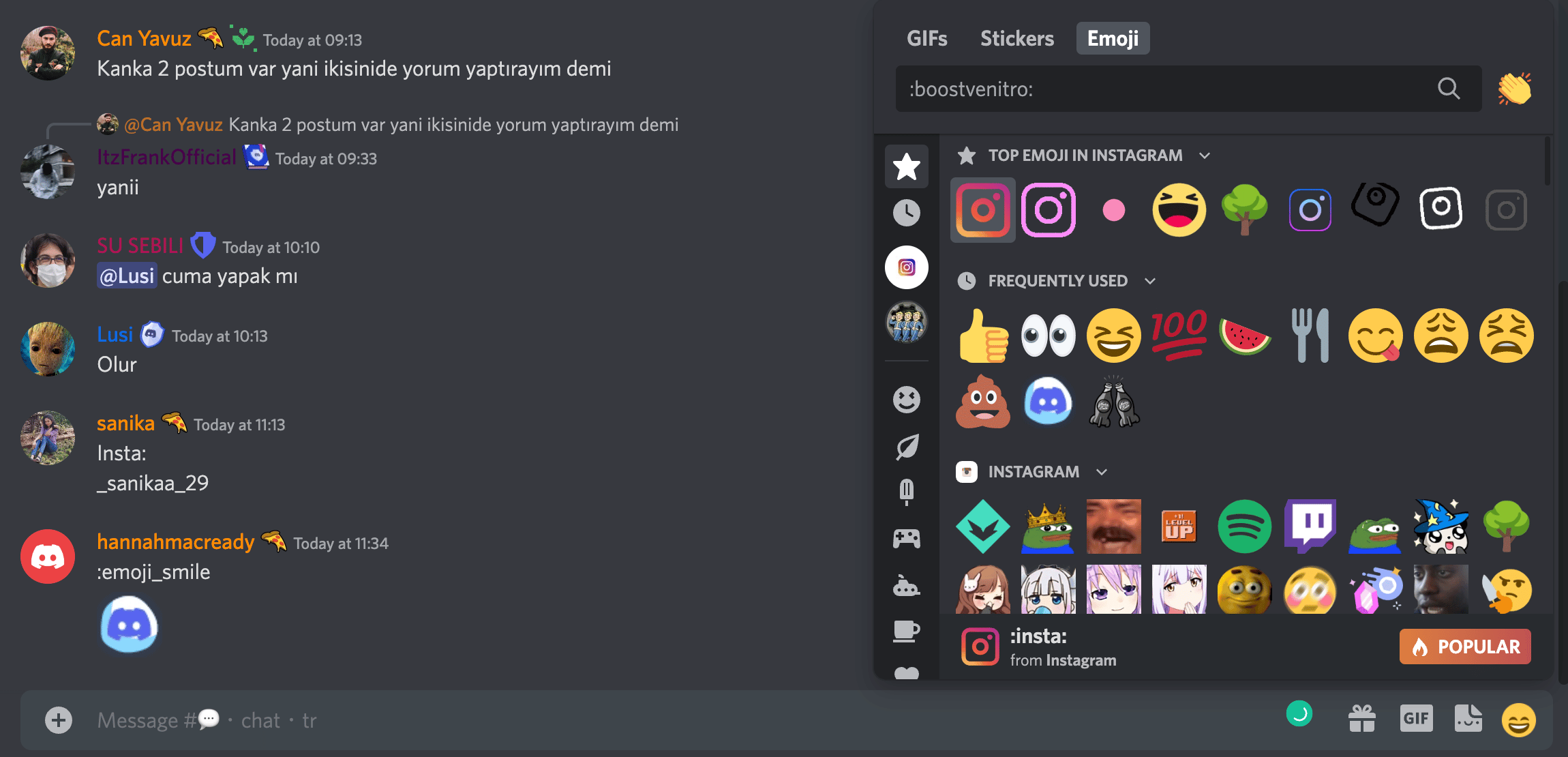 emojis de discorde instagram personnalisés affichés dans la boîte de discussion de droite