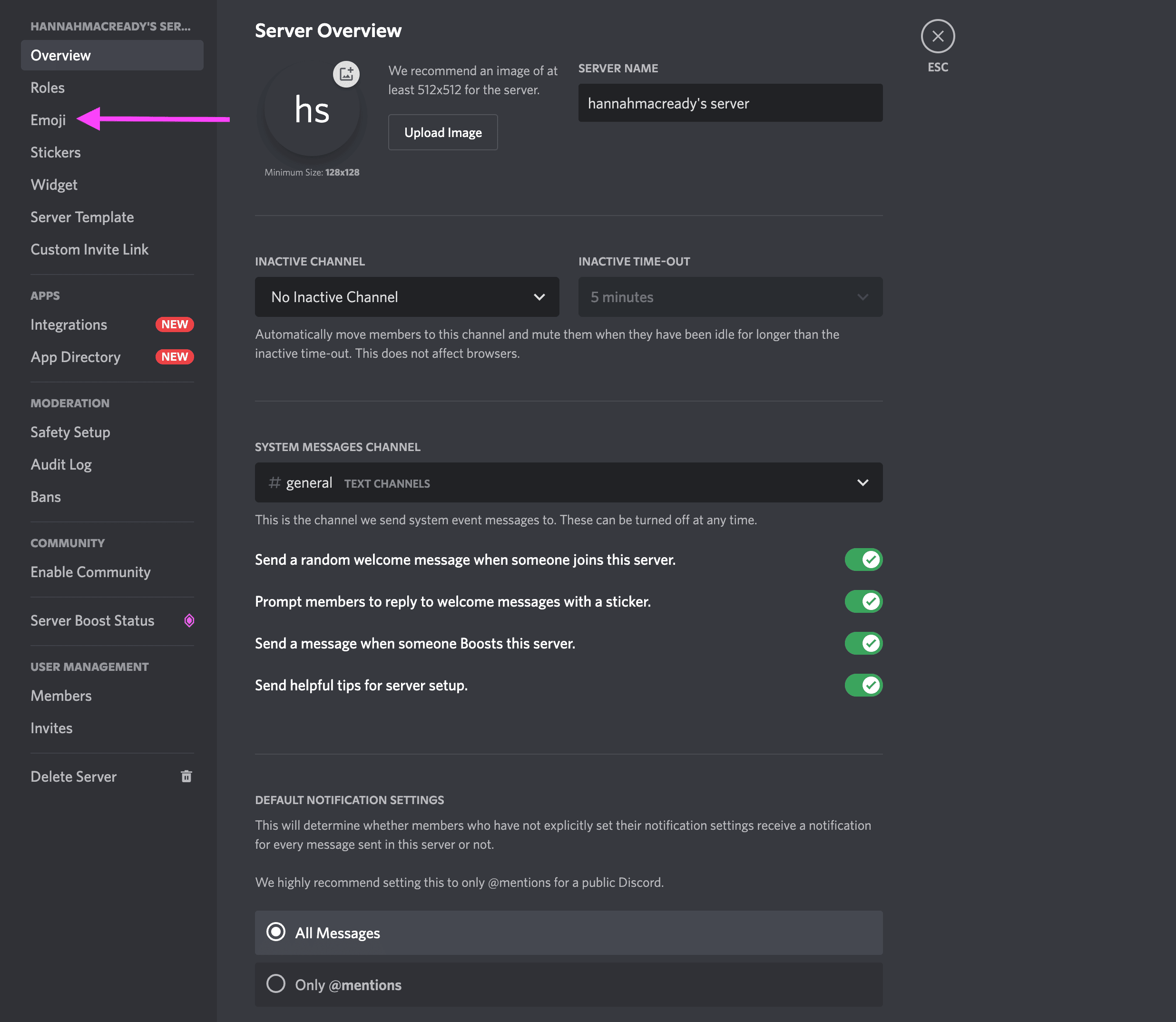 onglet discord emoji dans les paramètres du serveur sur le bureau
